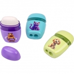 Ascutitoare dubla cu container si radiera, model animale din desene animate. 24buc/display.