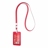 Ecuson vertical din plastic tare,  cu snur, culoare rosie, dimensiune 54x85 mm.  